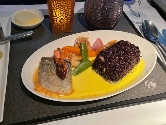 Trio of seafood - salmon, prawn, and scallop. I pre-ordered a lobster dish but it was not on the menu as they have changed the cycle out. At least they noted it as seafood so I got this one which is what I would have wanted. The famous lamb belly dish was also featured on the menu.