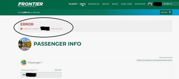 Screen shot of error message.  Frequent flyer # blacked out for security.