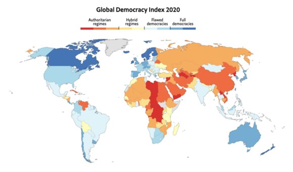 World map of democracy ratings as of early 2021 by the EIU