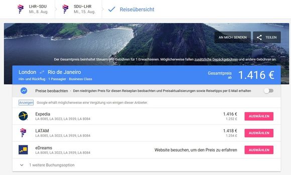 Or  Rio de Janeiro with 1 stop in Sao Paulo for 1418€ / 1254£.
Sao Paulo to Rio is in economy...