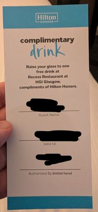 HGI Glasgow drinks voucher for Diamond members.