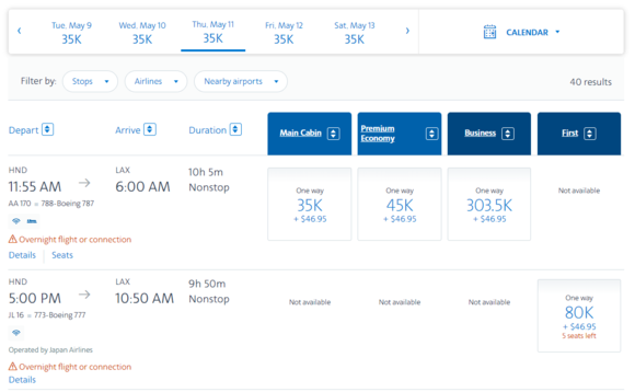 AA showing 5 F award seats left.
