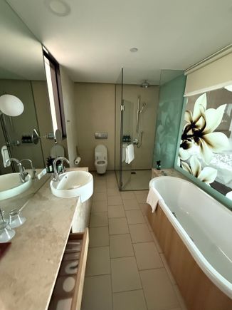 No hot water in sink, otherwise bathroom was nice. Note toiletries at bottom left.