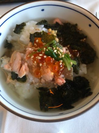 After that came the salmon flakes and roe in broth (which I had to pour in later). I was astounded at the freshness of the Ikura; it had been sitting onboard for 11 hours at this point. This was the highlight of the breakfast for me, certainly.
