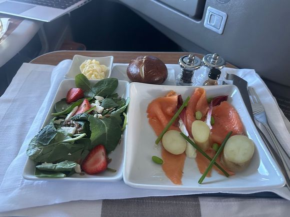 The salmon app was similar to an Air Canada meal I received on YYZ-BOS a few years ago. 