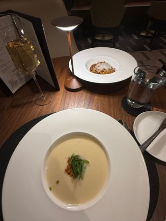 Potatoes leek soup and a beef appetizer.  Both very good 