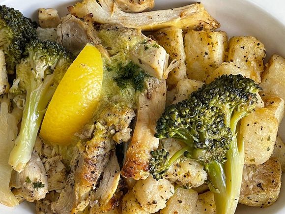 Close up of the chicken. Yes, they heated the lemon with it. Oops.