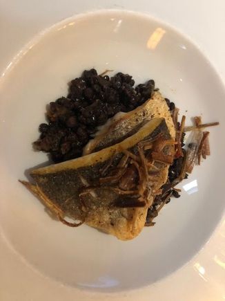 Seabass with just a drizzle of lemon juice - much better but lentils quite bland and "Mediterranean vegetables" just a few bits of pepper and aubergine lost in them...