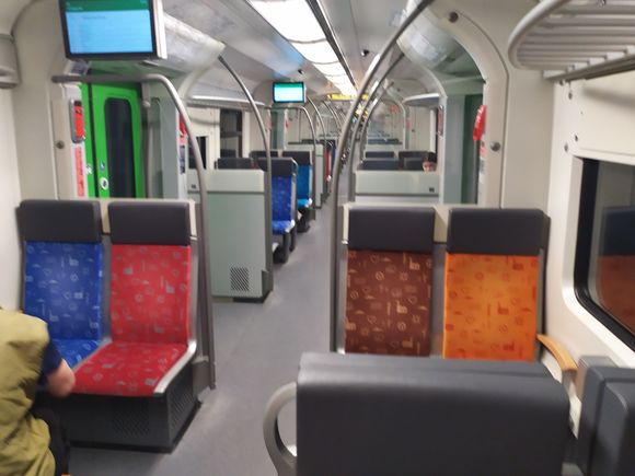 Standard seating in German regional trains; the upholstery is very durable 