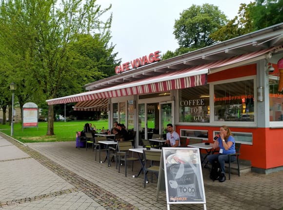 The Café Voyage, a traditional café with sandwiches and patisserie in front of Offenburg station 