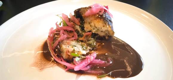 Croquette with mild hot spice + mild chocolate Oaxaca mole ...normal dish has 2 croquettes.  Asked for 1, and took half-order of another dish