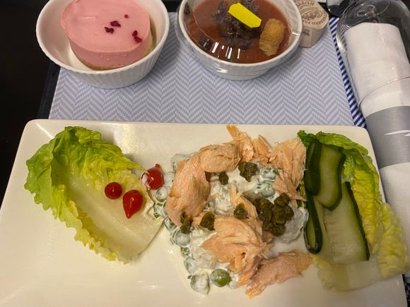 Band 3 lunch: gazpacho mousse, poached salmon (temporary substitution for sea trout) with Jersey Royal potato and pea salad, raspberry and lemon cheesecake