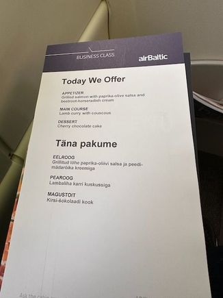 The menu for today's flight