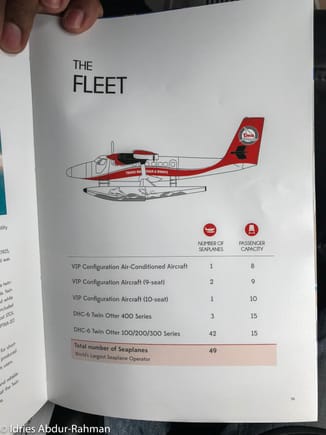 You know I had to tear myself away from the window long enough to check-out the fleet page. With a 49 strong fleet, TMA is the largest seaplane operator. We definitely weren’t on one of the air-conditioned VIP planes!