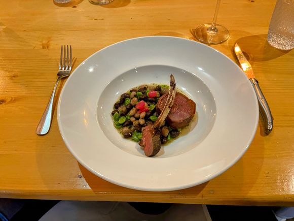 Second main, lamb on a bean salad with picked radishes. Somewhat disappointing, for some reason the lamb was over salty and chewy. A good idea in the dish, but the execution was not as good as it needed to be.