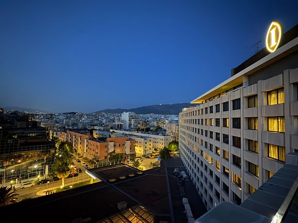 View at night time looking east (restaurant Premiere is on the rooftop level 10)