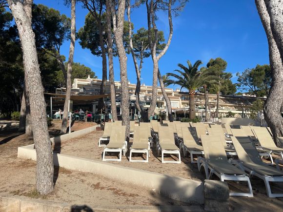 Sun chair area in front of main restaurant with its outdoor terrace