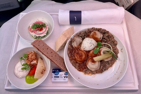 Crayfish tartare, parsnip flan and mushroom pasta with mushroom ragout.