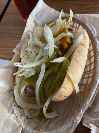 Italian sausage with onions, mustard and sweet peppers