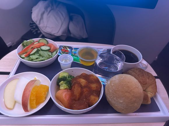 This was my breakfast on KIX-HEL. It was... gnocchi in a sour tomato sauce. The flight attendant was baffled that this was breakfast, but since it was from Japan I wasn't surprised. Sorely lacking in fats and protein though, with fruit, salad and (presumably vegetarian) gelatin. 