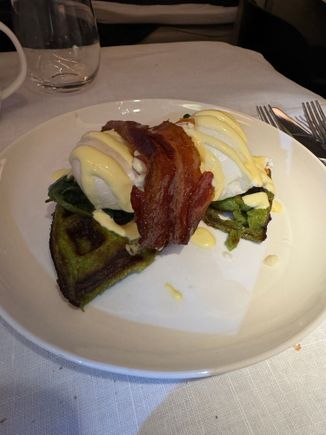 Poached eggs with savoury spring onion waffles