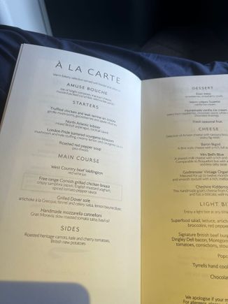 This the 287 lhr sfo menu yesterday
No first nor second choice of appetizer or entree available for me
Was left with the Dover sole which was ehm, as exciting and tasty as reheated Dover sole
Very apologetic crew offering to fetch ‘something from Club’. I still fond this situation strange given that I was sitting in 1K of an 8-suite F cabin and probably was the only GGL, as I was the only one boarding  in group 0