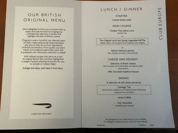 Standard meal menu