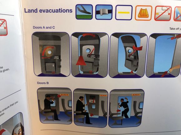 "If able to evacuate through the overwings, don't forget to run way screaming"