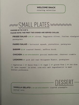 Westbound JFK - SFO Dinner Menu.