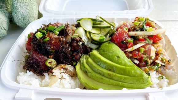 Limu poke on the left, Laotian-style poke on the right.
