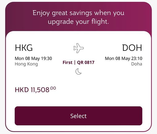 HKG-DOH from J to F for 11,508 HKD. No thanks…!