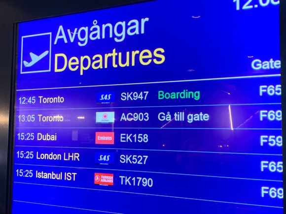 Departure screen in Stockholm ARN non-Schengen T5 pier F gates (does not list non-Schengen departures in T5 pier D or T2).