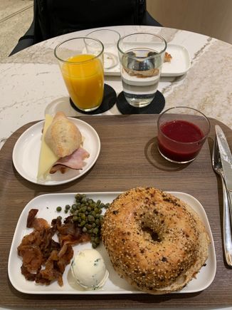 Everything bagel, capers, chive cream cheese, and pastrami salmon, all from the bagel bar