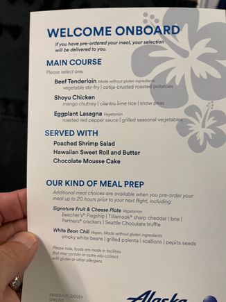 HNL-SFO. Printed menu. 