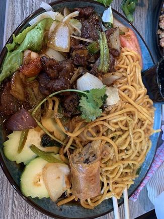 Shaken beef with garlic noodles