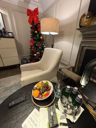 What better welcome amenity than:
- Christmas tree with lights dance
- My beloved tea pot in a festive red tea mitt
- a healthy fruit bowl with fresh figs and dates
- bucket of cold beers