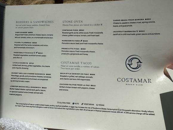 Costamar Food Menu