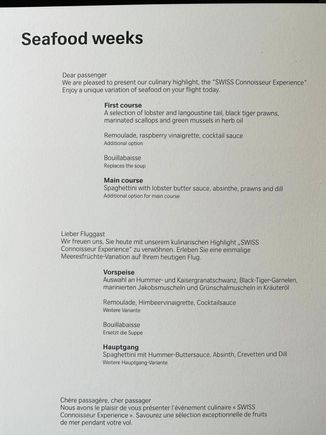 Yesterday‘s Seafood menu ZRH-JFK in F. And at least for this menu the F-trolley is back.