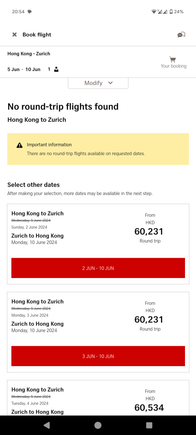 LX It claims "no flights available" on the days I selected and offers to show other dates