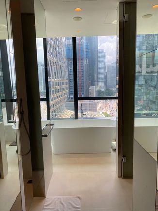 Bathroom view, quite nice until I realized the blinds were broken and wouldn't close.