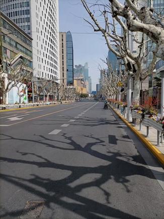 This a picture of Nanjing Rd. facing east towards Jing'an Temple, which you can see on the left side of the street if you look hard enough (it is gold).  I amazed that there weren't any cars at all.  (It is one of the busiest streets in Shanghai.)