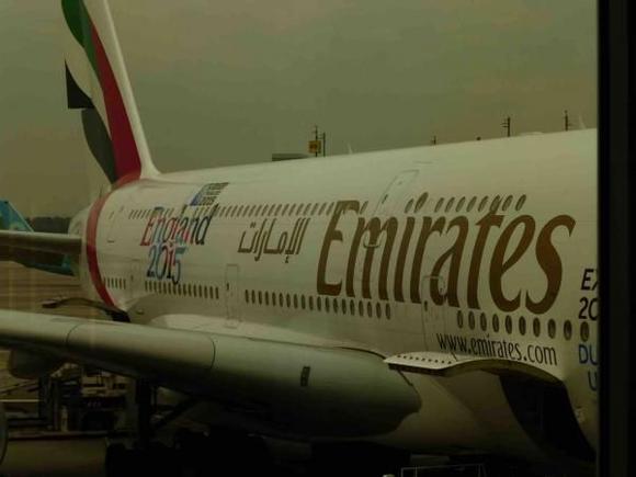 Emirates A380 at gate at DUS.