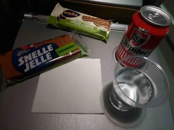 VLM Airlines inflight service: Belgian snacks, beer and water.