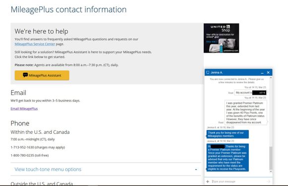 Chat with United MileagePlus customer service #1