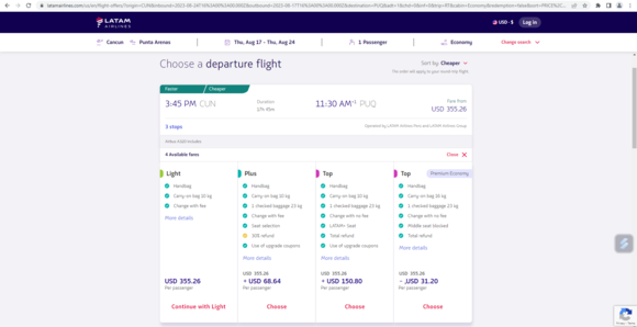 Choosing a flight on LATAM's Website