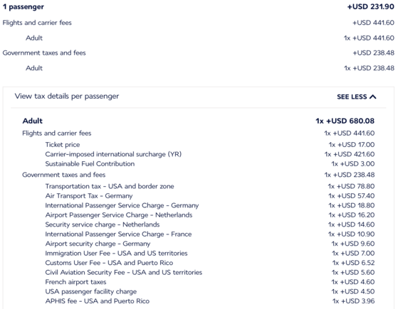 Changed flight fees/taxes