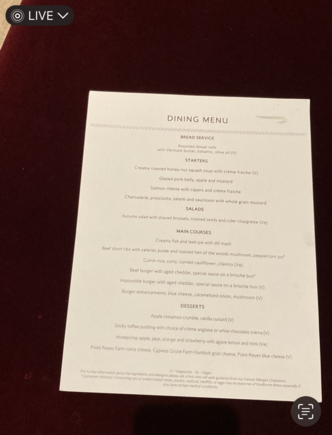 BA lounge SFO FC Dining menu November 2024.