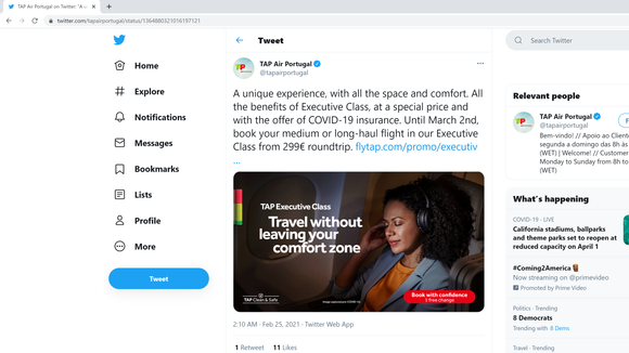 TAP Twitter Ad: \\"Until March 2nd, book your medium or long-haul flight in our Executive Class from 299€ roundtrip"
