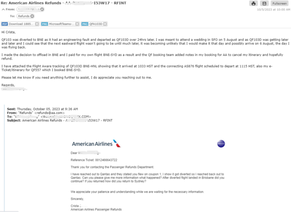 The AA Refunds site is cold and impersonal and just a matter of submitting your details and then on a wing and a prayer, hoping you get your refund. 

August came and went, and by September, and email update from AA Refunds mentioned that they were requesting further information from QF. 

2 weeks later the claim updated as CLOSED, and I didn't get an email - it was by logging in to get an update. 

I sent an email via the AA Refunds page to query this, and in early October, Crista emailed  me.