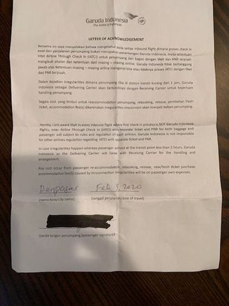 Garuda waiver form for transferring bags. 